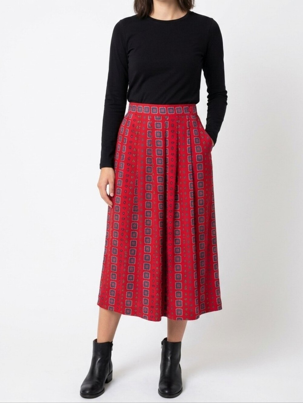 Chaus Petites Vintage Red Pleated Geometric Pattern Midi Skirt Size 10P